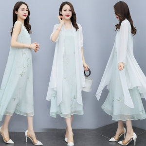 雪纺背心连衣裙外搭开衫披肩两件套纯色防晒衣飘逸，女装套装/套裙，秀美人生
