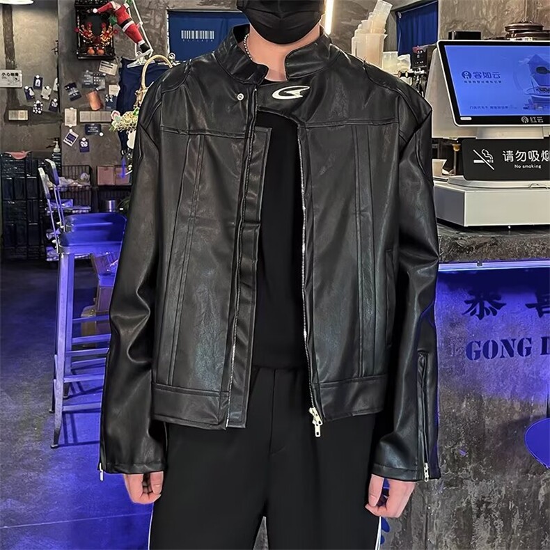 小众立领设计PU皮夹克男高级感垫肩机车外套短款皮衣PA139/P85,男装夹克,星座506