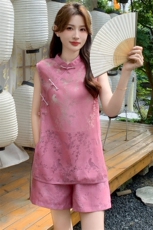 2025年夏季新款高级感显瘦新中式马甲阔腿裤两件套，女装套装/套裙，超帛