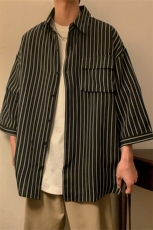C2037/P35条纹工装短袖衬衣男士衬衫五分袖潮大码上衣男，男装衬衫，电商A141