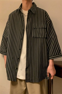 C2037/P35条纹工装短袖衬衣男士衬衫五分袖潮大码上衣男图片
