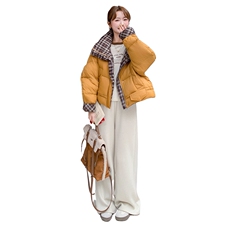 现货90绒黄色短款羽绒服格子拼接2C206-L88-P300-K438，女装羽绒服，2C206