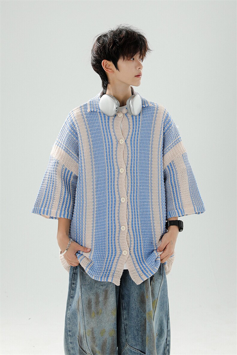 8XL-M特大码美式撞色新中式短袖衬衫男翻领休闲针织开衫DX312P35,男装T恤,电商D206-1