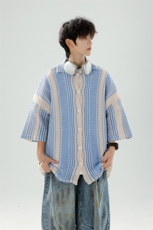 8XL-M特大码美式撞色新中式短袖衬衫男翻领休闲针织开衫DX312P35，男装T恤，电商D206-1