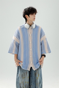 8XL-M 特大码美式撞色新中式短袖衬衫男翻领休闲针织开衫DX312P35图片