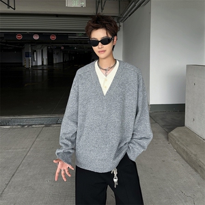 假两件V领毛衣男款秋冬美式针织衫老钱风慵懒开衫外套MY09572-P60图片