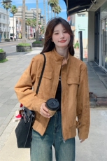 现货麂皮绒夹克女短款2025秋季新款韩版复古休闲时尚设计感外套，女装皮衣，幸运星