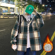 冬款呢料格子磨毛连帽衬衫男加绒加厚衬衣外套J25858J加绒-P60，男装衬衫，电商A001