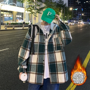 冬款呢料格子磨毛连帽衬衫男加绒加厚衬衣外套J25858J加绒-P60图片