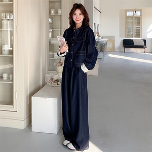 条纹拼接牛仔套装女春秋流行超火韩系ootd两件套老钱风独特超好看图片
