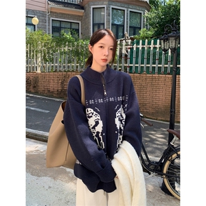 现货 藏青色提花开衫立领宽松毛衣男M896/P65图片