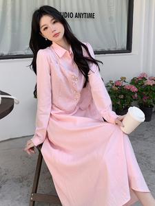 粉色马甲拼接假两件连衣裙女2025春季新款法式温柔风小个子衬衫裙图片