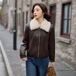加绒皮衣外套女连帽格子拼接上衣2025冬季新款加厚毛皮夹克机车服图片