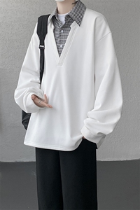 M-8XL假两件格子拼接衬衫领卫衣特大码重磅长袖V领上衣WY5112/P55图片