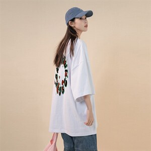 中性风  春夏新款宽松玫瑰花朵印花休闲短袖T恤T6047 P25控38图片