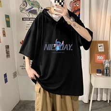 LD54173-P45连帽短袖t恤男大码胖子带帽五分袖中袖海报风，男装T恤，电商A040