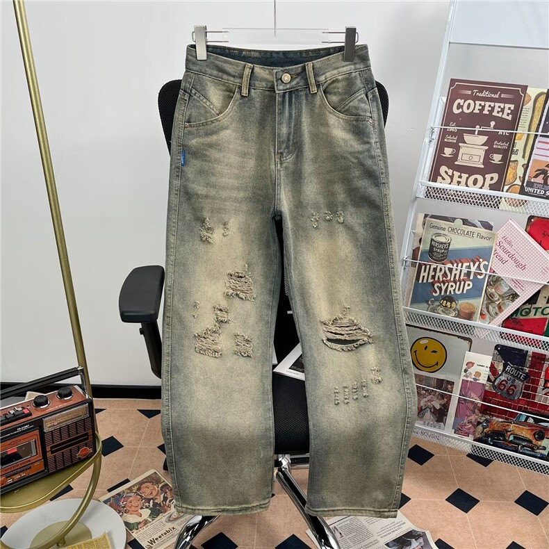 阔腿牛仔裤男款夏秋季新款破洞设计感美式复古高水洗裤子8039/P48图片
