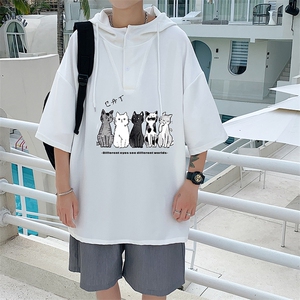 LD54100-P45 连帽短袖t恤男大码胖子带帽五分袖中袖图片