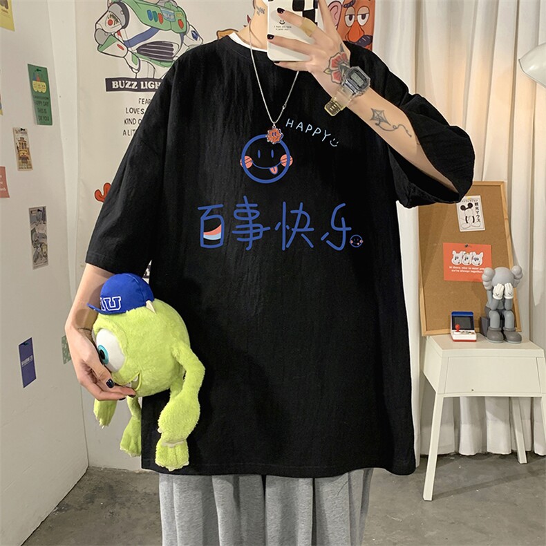 YT260183-P30亚麻短袖t恤男大码五分袖男宽松七分袖海报风,男装T恤,电商A040