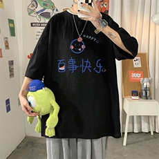 YT260183-P30亚麻短袖t恤男大码五分袖男宽松七分袖海报风，男装T恤，电商A040
