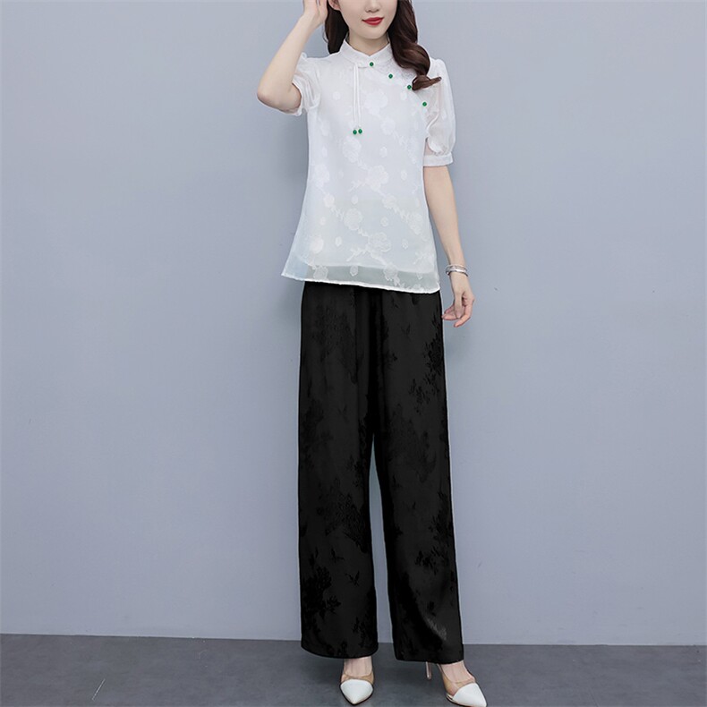 芷墨新款复古新中式简约日常改良汉服盘扣上衣裤子俩件套套装女装,女装套装/套裙,芷墨服饰