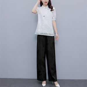 芷墨新款复古新中式简约日常改良汉服盘扣上衣裤子俩件套套装女装图片