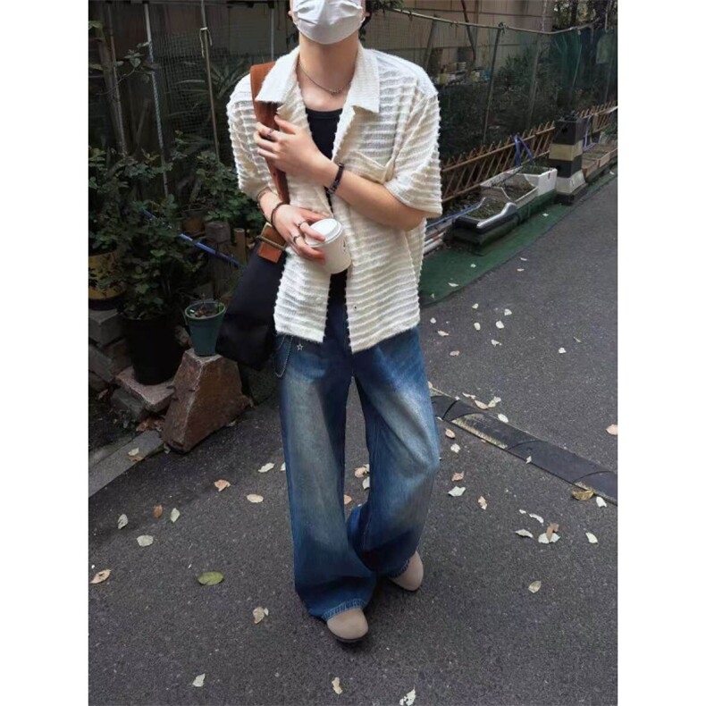 夏季狐绒萃古巴衬衫绒感镂空男女透气老钱风短袖CT25113批48，男装T恤，星座1004-6