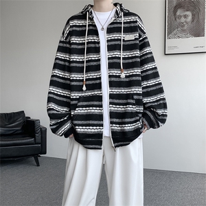8XL-M 潮情侣美式磨毛编织条纹针织衫卫衣宽松拉链外套WY30P88图片