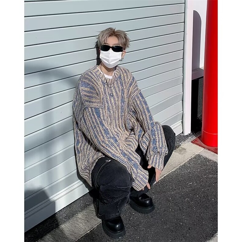 冬季复古拼色竖条纹圆领针织衫男女潮牌宽松MZ229-P53图片
