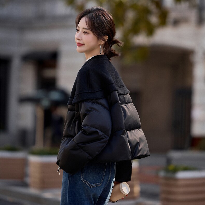 黑色短款休闲拼接羽绒服女2026冬季新款圆领休闲百搭上衣,女装羽绒服,梦懿尔