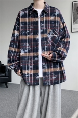 衬衫男秋季新款港风宽松大码格子扎染刺绣长袖衬衣CS3016-P38，男装衬衫，星座214-3