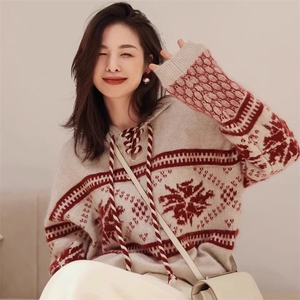 2024新款雪花提花宽松外穿毛衣女套头慵懒风图片