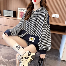 7614高品质朱地条纹复合加绒大码时尚新款百搭条纹卫衣女P50，女装卫衣/绒衫，星座309B-2