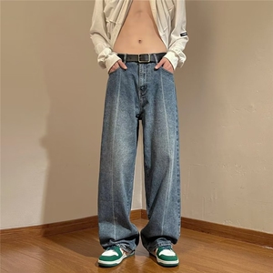 青春流行ins男原宿直筒水洗拉链牛仔裤长裤潮KM604P40图片