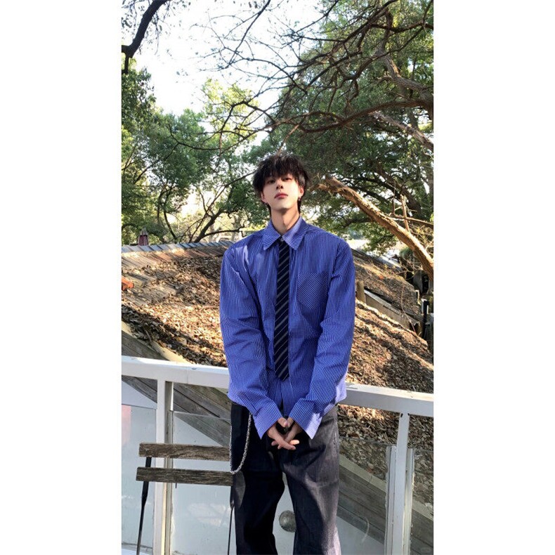CS001NLL-特P50假两件带领带蓝色格子衬衫男长袖春秋衬衣外套,男装衬衫,星座1007（原301D）