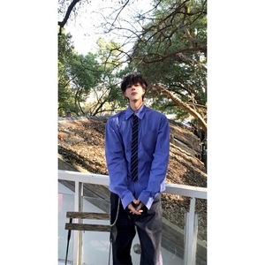 CS001NLL-特P50假两件带领带蓝色格子衬衫男长袖春秋衬衣外套