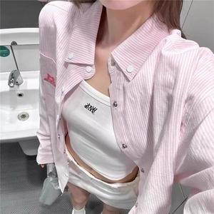 学院粉色衬衫夏季刺绣条纹开衫polo衬衣防晒外套美式穿搭宽松上衣图片
