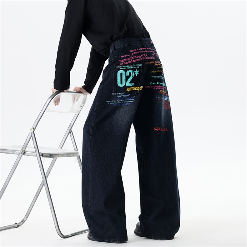 【现货】XZ1218BKN9048特价P54美式复古彩色字母标语阔腿牛仔裤，男装牛仔裤，星座1218（原611-3）
