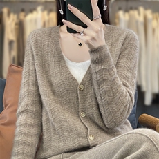 100%纯羊毛开衫女V领镂空毛衣外套2025秋冬新款羊绒衫针织衫外搭，女装羊毛衫，邓利维