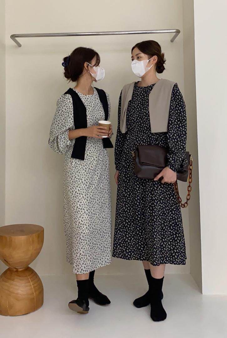 秋季韩版碎花连衣裙，女装连衣裙，唇蔻