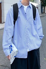 GS05P55现货韩版百搭春秋季港风长袖衬日系宽松长袖条纹衬衣男，男装衬衫，星座1108-5