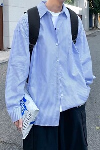 GS05P55现货韩版百搭春秋季港风长袖衬日系宽松长袖条纹衬衣男图片
