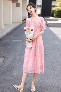 2023夏装新款韩版松紧收腰显瘦小碎花清新大裙摆中长款连衣裙图片