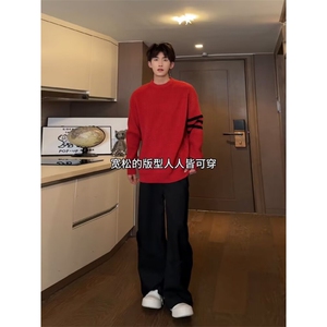 1506-1/M82071/P43圆领毛衣针织衫男潮牌帅气秋冬季打底衫红色男图片
