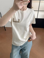 短袖T恤2025春新品全手工络花钻饰棉质圆领短袖T恤，女装T恤，湘姗