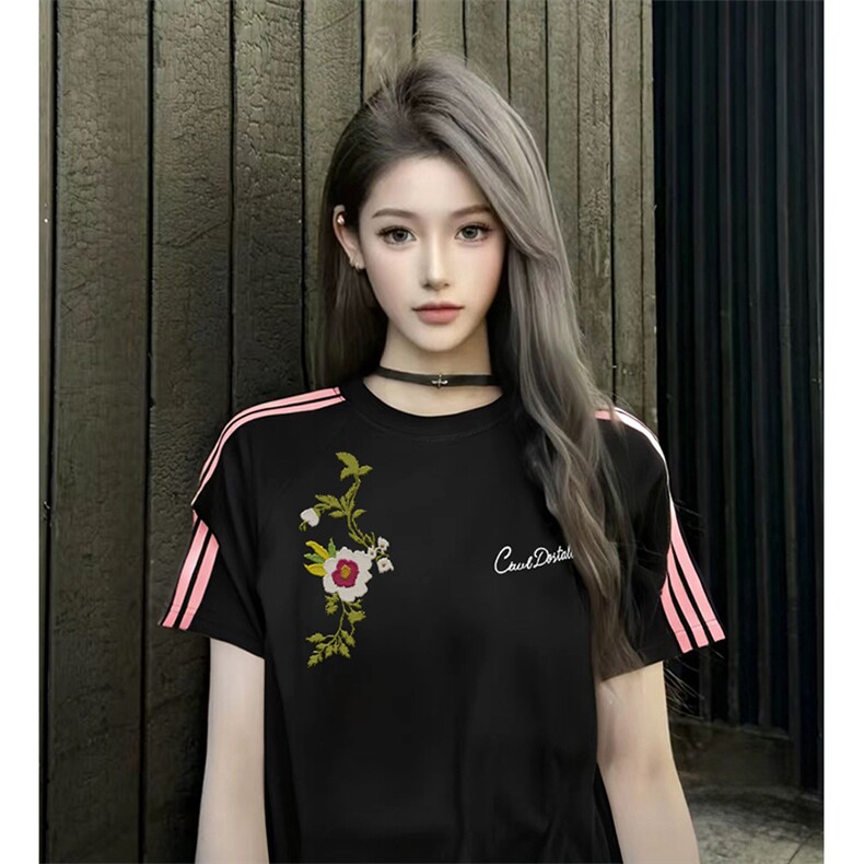抖音得物品质二开240克宽松纯棉美式潮牌印花三条杠中性风短袖T恤,男装T恤,电商A486