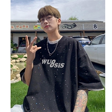 可48小时发货支持抖音得物来样二开美式满天星亮片短袖T恤MTX719，男装T恤，电商A486-1