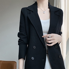 秋冬新款西装领精纺羊毛开衫女V领纽扣针织长袖毛衣宽松外套上衣，女装毛呢外套，凯思米羊绒