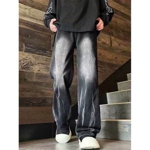 高质量渐变火焰纹牛仔裤男潮牌春秋季美式复古高街风直筒阔腿裤图片