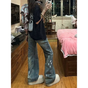 美式复古cleanfit泼墨牛仔裤男女潮宽松直筒阔腿休闲裤L91511-P49图片